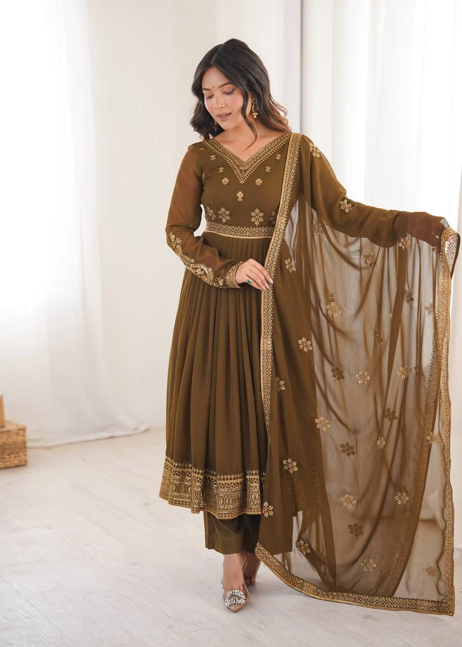 Olive Brown Sequins Embroidered Suit – Anarkali Pant Set with Dupatta Kalyanja